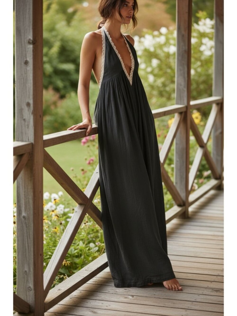 Lace Trim Plunging V-Neck Ultra Wide Leg Boho Jumpsuit Sleeveless One-Piece